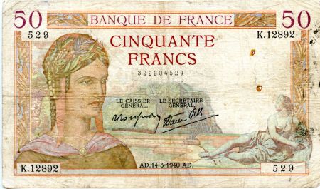 France 50 Francs Cérès - 14-03-1940 Série K.12892-529 - TB