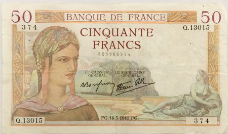 France 50 Francs Cérès - 14-03-1940 Série Q.13015 - TTB