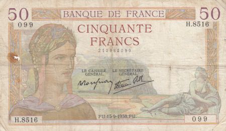 France 50 Francs Cérès - 15-09-1938- Série H.8516
