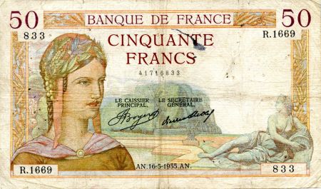France 50 Francs Cérès - 16-05-1935 Série R.1669-833 - TB+