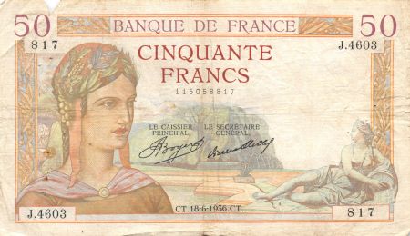France 50 Francs Cérès - 18-06-1936 Série J.4603 - PTB
