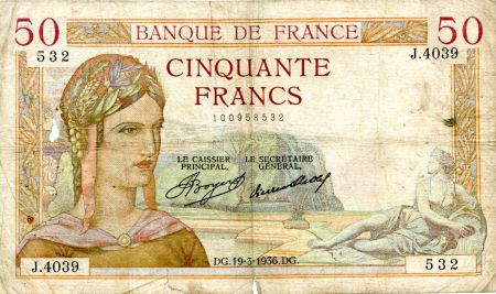 France 50 Francs Cérès - 19-03-1936 Série J.4039-532 - B+