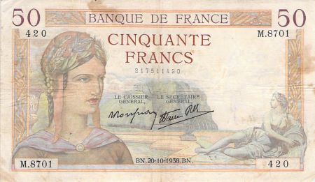 France 50 Francs Cérès - 20-10-1938 - Série M.8701 - TB+