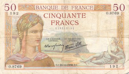 France 50 Francs Cérès - 20-10-1938 Série O.8769 - TB+