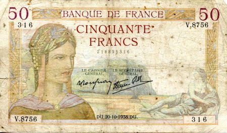France 50 Francs Cérès - 20-10-1938 Série V.8756-316 - B