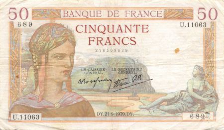 France 50 Francs Cérès - 21-09-1939 Série U.11063 - TB+