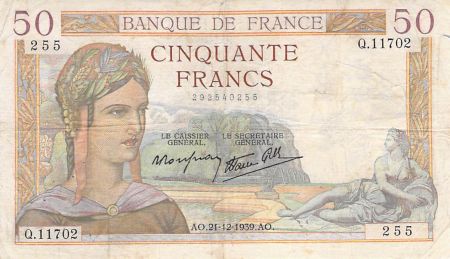 France 50 Francs Cérès - 21-12-1939 - Série Q.11702 - TB