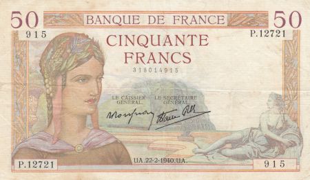 France 50 Francs Cérès - 22-02-1940 - Série  P.12721 - TTB
