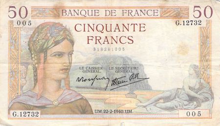 France 50 Francs Cérès - 22-02-1940 - Série G.12732 - PTB