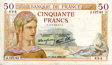 France 50 Francs Cérès - 22-02-1940 Série J.12743-694 - TTB