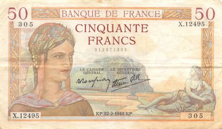 France 50 Francs Cérès - 22-02-1940 Série X.12495 - TTB