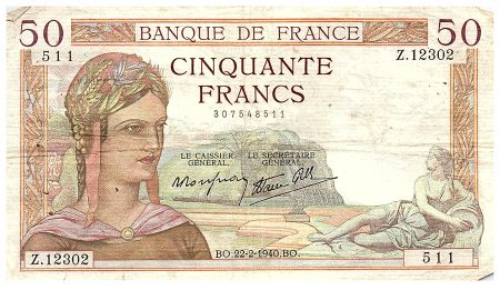 France 50 Francs Cérès - 22.02.1940 - Série Z.12302 - Fay.18.39