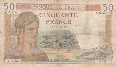 France 50 Francs Cérès - 26-08-1937 - Série X.6755