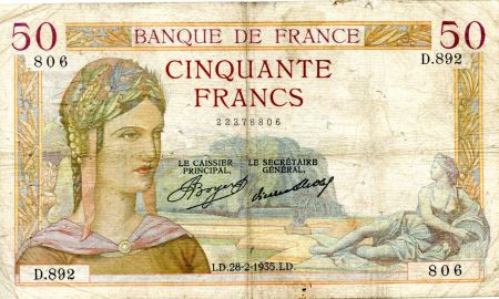 France 50 Francs Cérès - 28-02-1935 Série D.892-806 - TB
