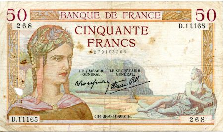 France 50 Francs Cérès - 28-09-1939 Série D.11165-268 - PTTB