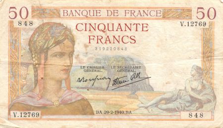 France 50 Francs Cérès - 29-02-1940 Série V.12769 - TTB