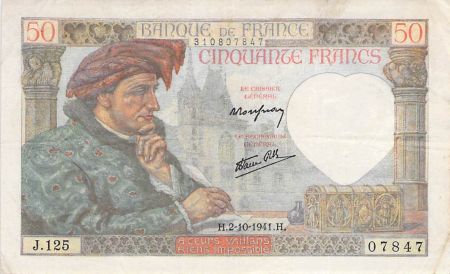 France 50 Francs Jacques Coeur - 02-10-1941 Série J.125 - TB+
