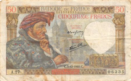 France 50 Francs Jacques Coeur - 05-12-1940 Série A.27 - PTTB