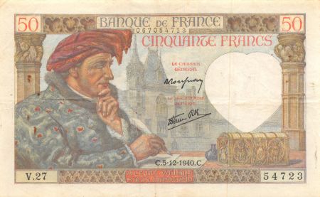France 50 Francs Jacques Coeur - 05-12-1940 Série V.27 - TTB