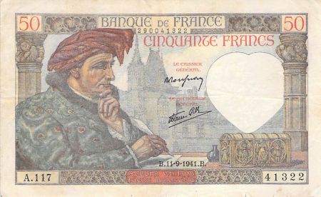 France 50 Francs Jacques Coeur - 11-09-1941 Série A.117 - TB+