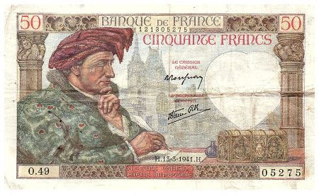 France 50 Francs Jacques Coeur - 13-03-1941 - Série O.19-05275 - F.19.06