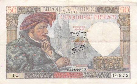France 50 Francs Jacques Coeur - 13-06-1940 Série G.5 - TB+