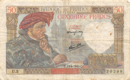 France 50 Francs Jacques Coeur - 13-06-1940 Série U.3 - TB+