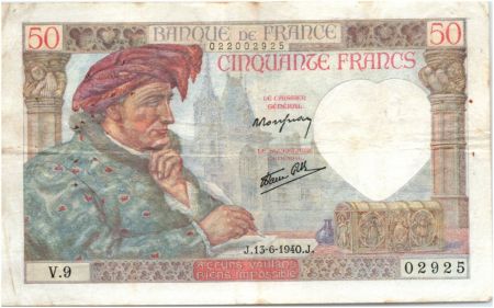 France 50 Francs Jacques Coeur - 13-06-1940 Série V.9