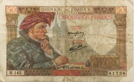 France 50 Francs Jacques Coeur - 18-12-1941 Série H.145 - PTTB