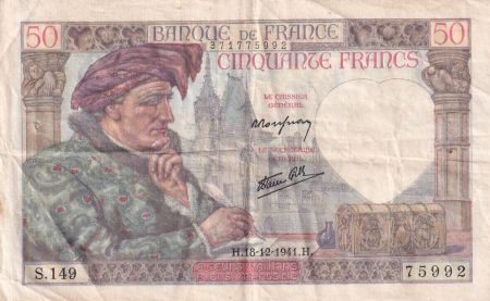 France 50 Francs Jacques Coeur - 18-12-1941 Série S.149- TTB
