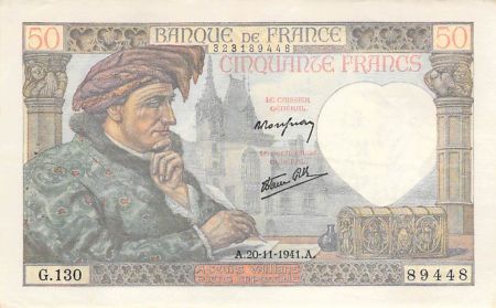 France 50 Francs Jacques Coeur - 20-11-1941 Série G.130 - TTB