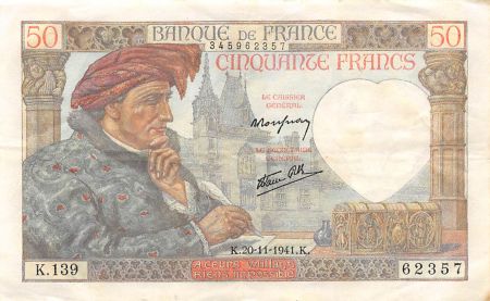 France 50 Francs Jacques Coeur - 20-11-1941 Série K.139 - TTB
