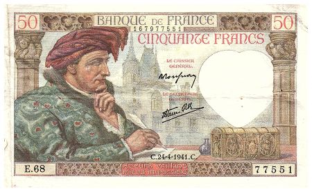 France 50 Francs Jacques Coeur - 24-04-1941 - Série E.68-77551 - F.19.09
