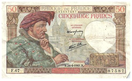 France 50 Francs Jacques Coeur - 24-04-1941 - Série F.67-87587 - F.19.09