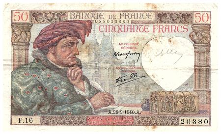 France 50 Francs Jacques Coeur - 26-09-1940 - Série F.16-20380 - F.19.03