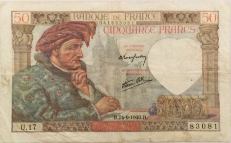 France 50 Francs Jacques Coeur - 26-09-1940 Série U.17 - TTB