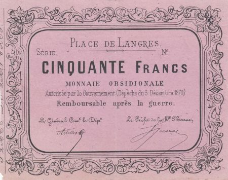 France 50 Francs Place des Langres - 1870 - Monnaie Obsidionale