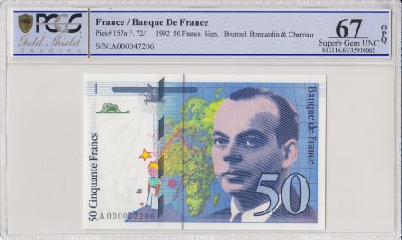 France 50 Francs Saint-Exupéry - 1992 Série A.000047206 - PCGS 67 OPQ