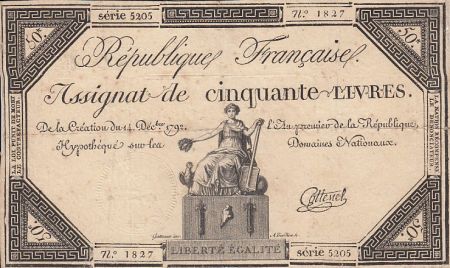 France 50 Livres - 14 Décembre 1792 - République Française - Sign. Cottenel