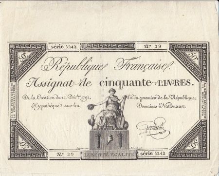 France 50 Livres - 14 Décembre 1792 - République Française - Sign. Goutallier