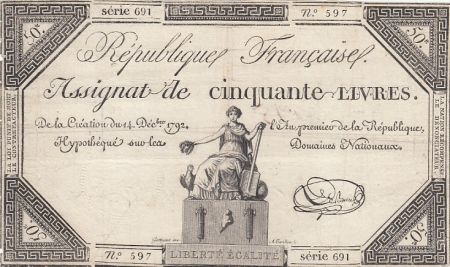 France 50 Livres - 14 Décembre 1792 - République Française - Sign. Lebrun - Série 691