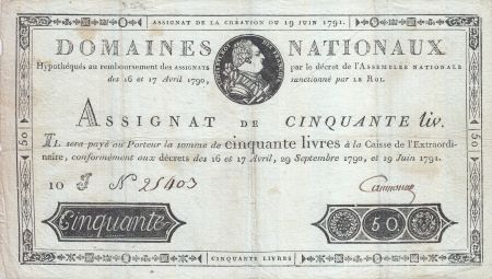 France 50 Livres - 19 Juin 1791 - Sign. CAMPOURCY 10 J.