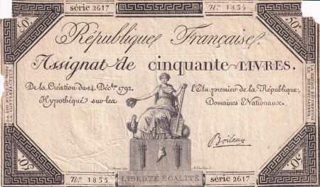 France 50 Livres - France assise - 14-12-1792 - Sign. Boileau - Série 2617 - L.164