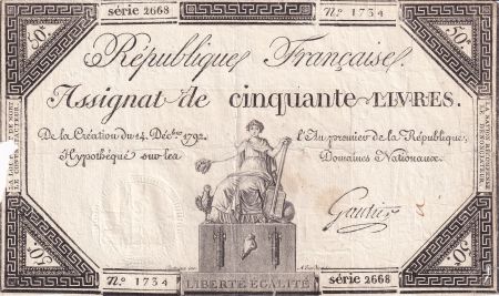 France 50 Livres - France assise - 14-12-1792 - Sign. Gautier - Série 2668 - L.164