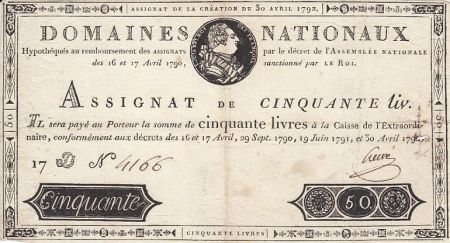 France 50 Livres 16-17 Avril, 29 Sept. 1790, 19 juin 1791 et 30 Avril 1792 - Sign. Herve