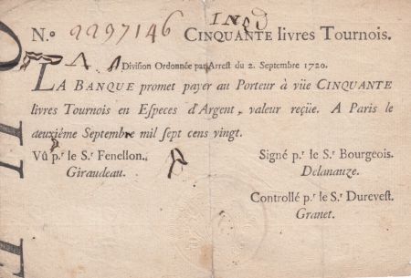 France 50 Livres Banque de Law - 02-09-1720 , Division typographié - 2237146