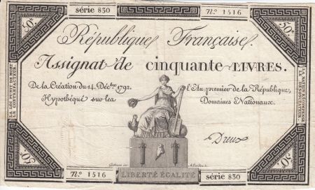 France 50 Livres Femme assise (14-12-1792) - Sign. Dreux