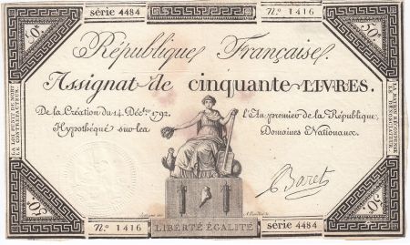 France 50 Livres France assise - 14-12-1792 - Sign. Baret - TTB+
