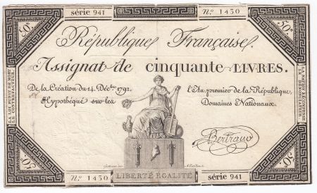 France 50 Livres France assise - 14-12-1792 - Sign. Bertrand - TB+