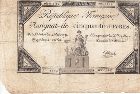 France 50 Livres France assise - 14-12-1792 - Sign. Cottenel